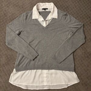Adrianna Papell Gray Knit Twofer Sweater with White Button Up Detail